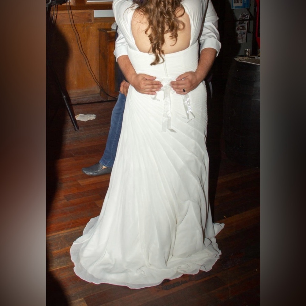 David's Bridal White Long Sleeve Chiffon Wedding Dress with Beaded Belt - Picture 4 of 12